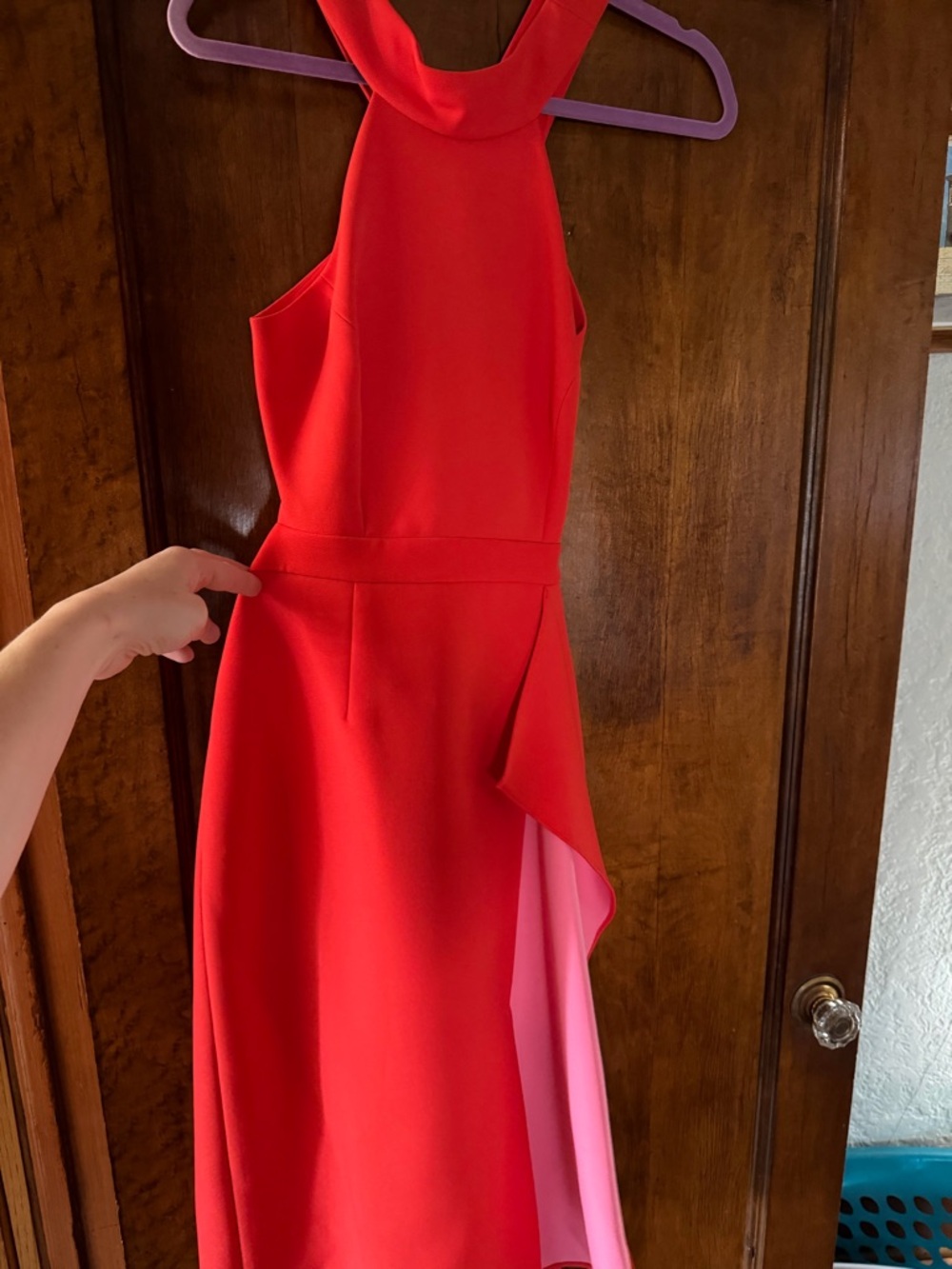 BCBGMaxAzria Red One-Shoulder Midi Dress with Asymmetric Overlay